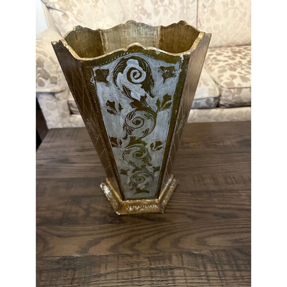 Vintage Italian Florentine Gold & White Wooden Tole Trash Can-14” Tall - Picture 1 of 10